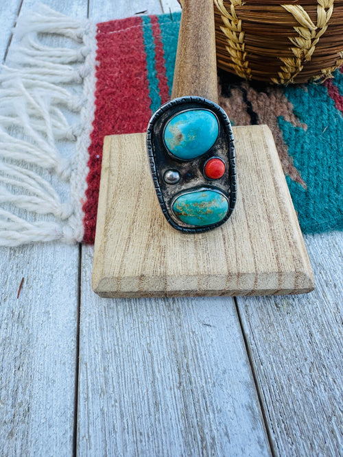 Old Pawn Navajo Sterling Silver, Turquoise & Coral Ring Size 11
