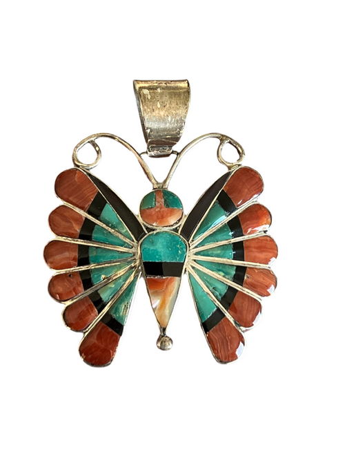 Vintage Zuni Sterling Silver, Turquoise, Spiny Oyster Shell and Jet Inlay Butterfly Pendant by Sara Edaakie