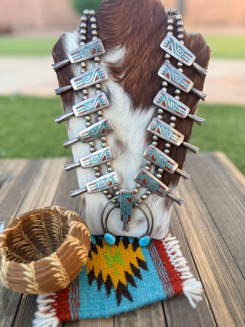 Old Pawn Handcrafted Turquoise, Coral & Sterling Silver Beaded Squash Blossom Necklace by Juan T. Singer