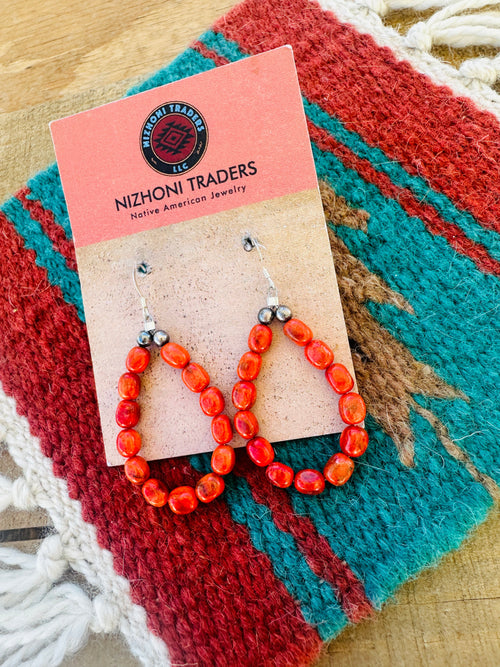 Navajo Sterling Silver Apple Coral Beaded Dangle Earrings