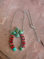 Beautiful Handmade Sterling Silver, Coral & Sonoran Turquoise NAJA Necklace