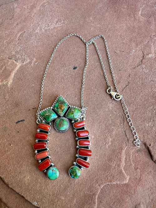 Beautiful Handmade Sterling Silver, Coral & Sonoran Turquoise NAJA Necklace