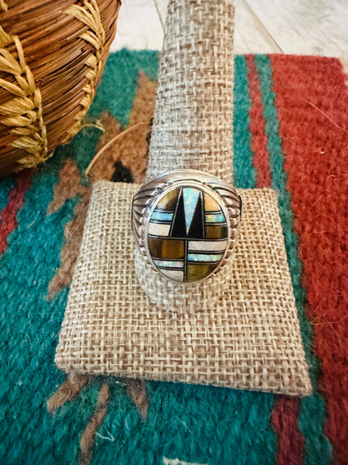 Old Pawn Navajo Sterling Silver & Multi Stone Inlay Ring Size 11.5