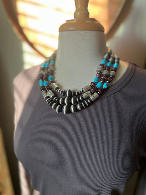 Rose Martin Handcrafted Triple Strand Sterling Silver, Spiny Oyster and Sonoran Mountain Bead Necklace