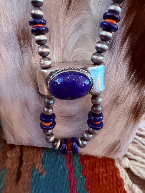 Handcrafted Lapis, Spiny & Sterling Silver Beaded Jacla Necklace