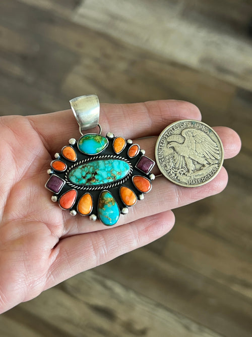 Navajo Sterling Silver Electric Rainbow Cluster Pendant by Angela Martin