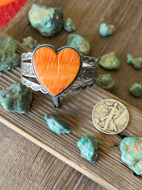 Navajo Sterling Silver and Orange Spiny Oyster Shell Heart Cuff Bracelet by Murphy Platero