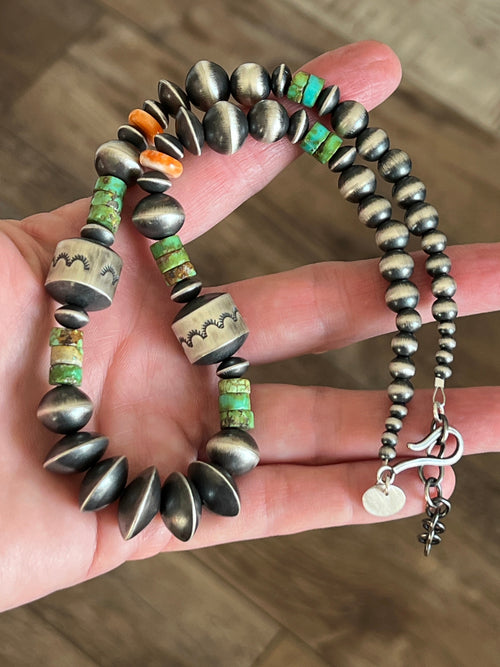 Navajo Made Electric Rainbow Sterling Silver, Turquoise and Spiny Oyster Single Strand Beaded Necklace by Rose Martin, X-tra Chunk, 18 + 2 Inches