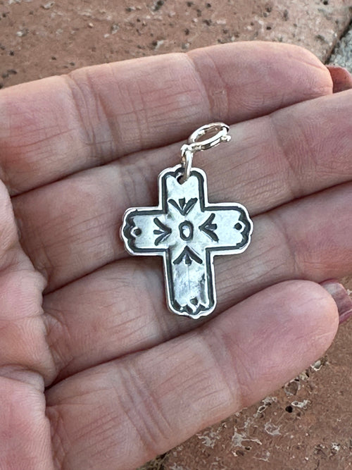 Navajo Crafted Sterling Silver Hand Stamped Cross Charm