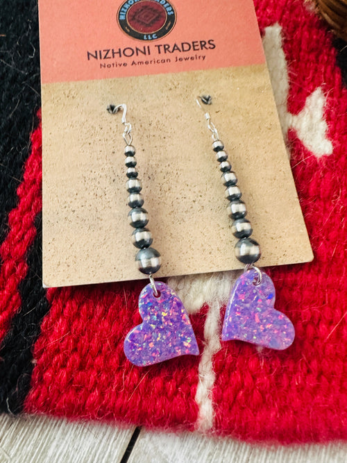 Summer Lovin’ Navajo Sterling Silver Pearl Beaded Opal Heart Dangle Earrings
