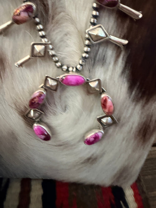 Handcrafted Pink Mojave & Sterling Silver Squash Blossom Necklace and Earring Set