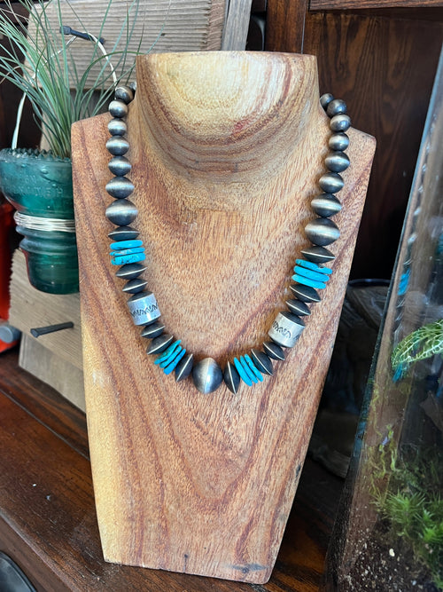 Navajo Sterling Silver and Kingman Turquoise Handmade Beaded Necklace by Rose Martin, 18 Inches