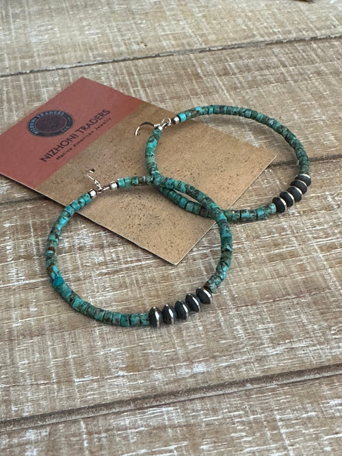 Navajo Sterling Silver and Royston Turquoise 2 inch Beaded Hoop Earrings