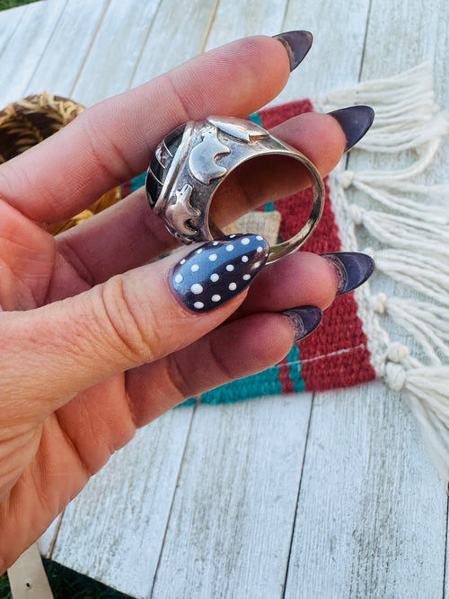 Old Pawn Handcrafted Multi Stone & Sterling Silver Inlay Ring Size 11.75