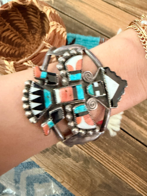 Handcrafted Old Pawn Sterling Silver & Multi Stone Inlay Knifewing Cuff Bracelet