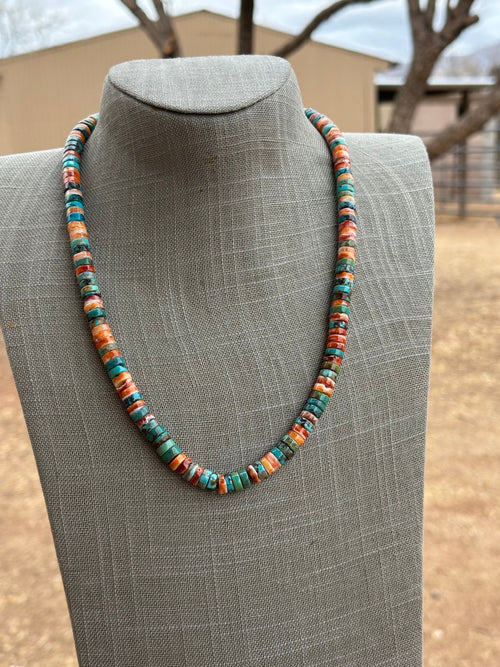 Navajo Kingman Turquoise & Spiny Sterling Silver 8mm Beaded Necklace