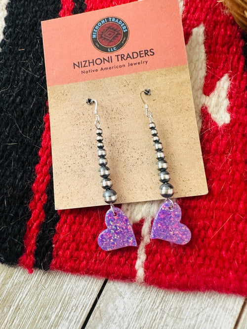 Summer Lovin’ Navajo Sterling Silver Pearl Beaded Opal Heart Dangle Earrings