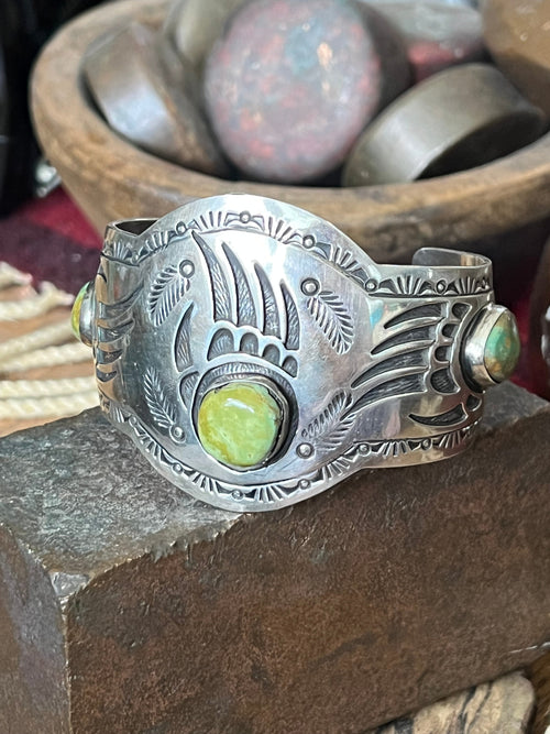 Old Pawn Navajo Sterling Silver and Royston Turquoise Overlay Bear Paw Cuff Bracelet by Charlie Bowie
