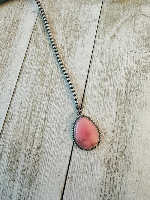 Navajo Queen Pink Conch & Sterling Silver Pearl Beaded Lariat Necklace