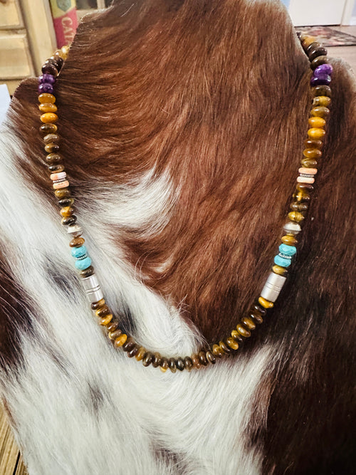Handcrafted Multi Stone & Sterling Silver Beaded 16” Necklace by T & R Singer