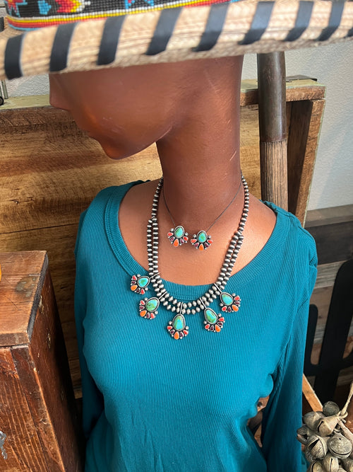 Navajo Made Sterling Silver Electric Rainbow Beaded Cluster Necklace & Earrings Set by Angela Martin