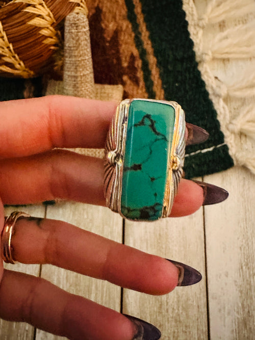 Old Pawn Handcrafted Turquoise & Sterling Silver Ring Size 9