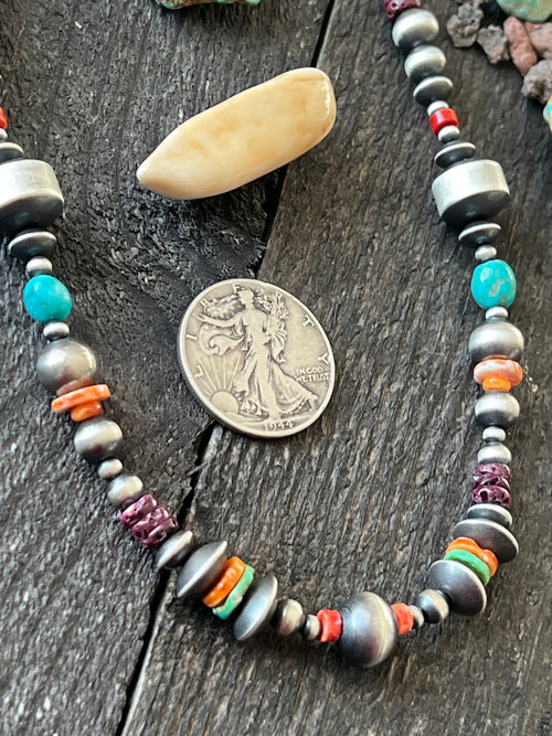 Navajo Made Electric Rainbow Sterling Silver, Turquoise and Spiny Oyster Single Strand Beaded Necklace by Rose Martin, 20 + 2 Inches