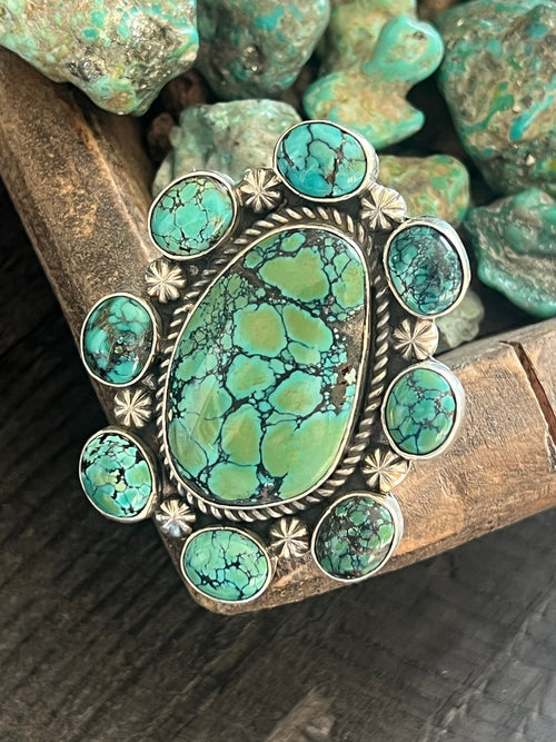 Apache Sterling Silver and Hubei Turquoise Cluster Ring by Rosella Paxson, Size 8.5