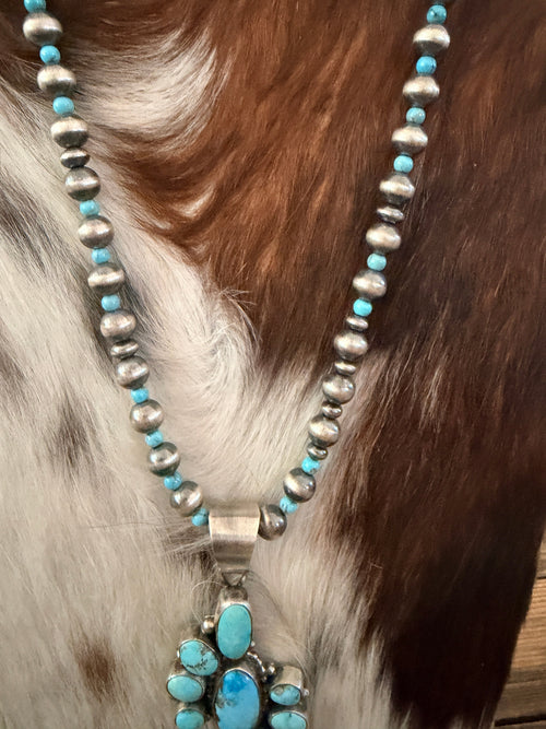 Handcrafted Turquoise & Sterling Silver Cluster Beaded Necklace by Sheila Becenti