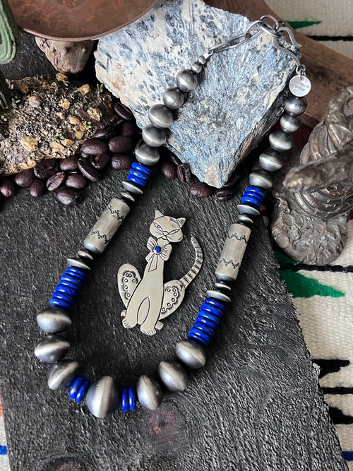 Handcrafted Sterling Silver and Lapis Lazuli Single Strand Beaded Statement Necklace by Rose Martin, 16” + 2”