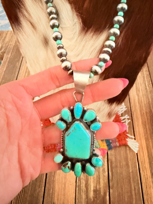 Handcrafted Turquoise & Sterling Silver Cluster Beaded Necklace by Sheila Becenti