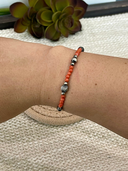 ** 4TH OF JULY ** Handmade Sterling Silver &  Coral Beaded Bracelet with Signed Nizhoni