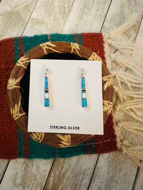 Navajo Sterling Silver & Multi Stone Inlay Dangle Earrings