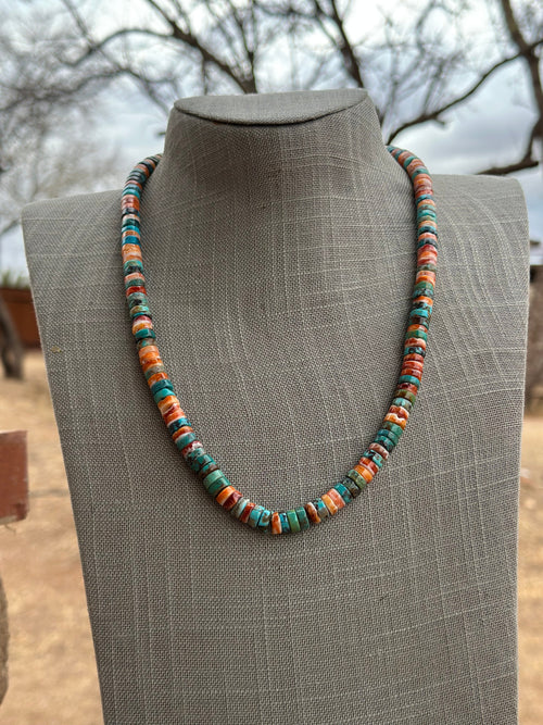 Navajo Kingman Turquoise & Spiny Sterling Silver 8mm Beaded Necklace
