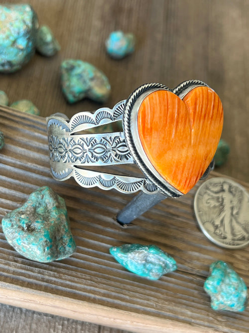Navajo Sterling Silver and Orange Spiny Oyster Shell Heart Cuff Bracelet by Murphy Platero