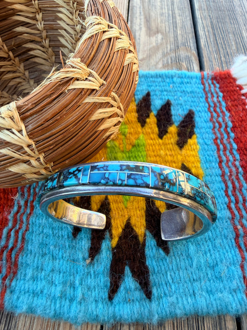 Handcrafted Old Pawn Sterling Silver & Turquoise Inlay Cuff Bracelet