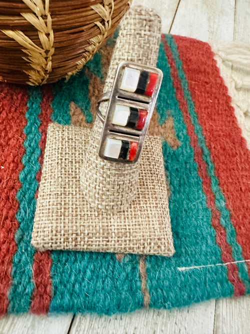 Old Pawn Handcrafted Multi Stone & Sterling Silver Inlay Ring Size 7