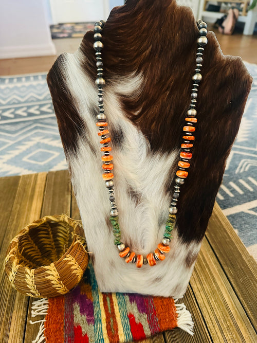 Handcrafted Spiny, Turquoise & Sterling Silver 24” Beaded Necklace by Chimney Butte