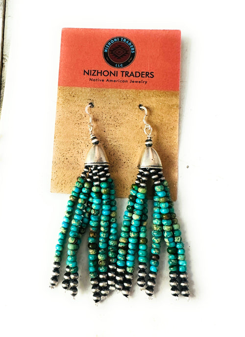 Navajo Turquoise & Sterling Silver Pearl Beaded Tassel Dangle Earrings