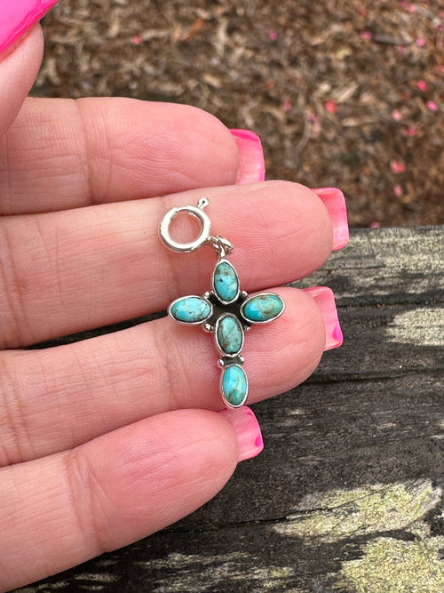 Sterling Silver and Royston Turquoise Hand Stamped Cross Charm