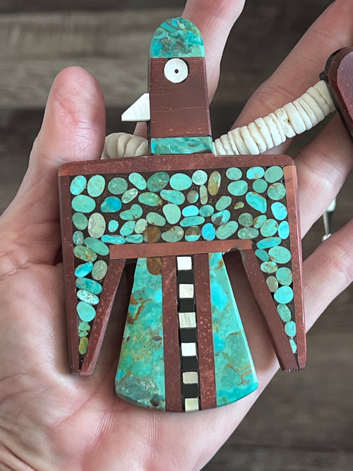 Warren Nieto Inlay Kingman Turquoise and Pipestone Thunderbird Tab Necklace & Earrings Set