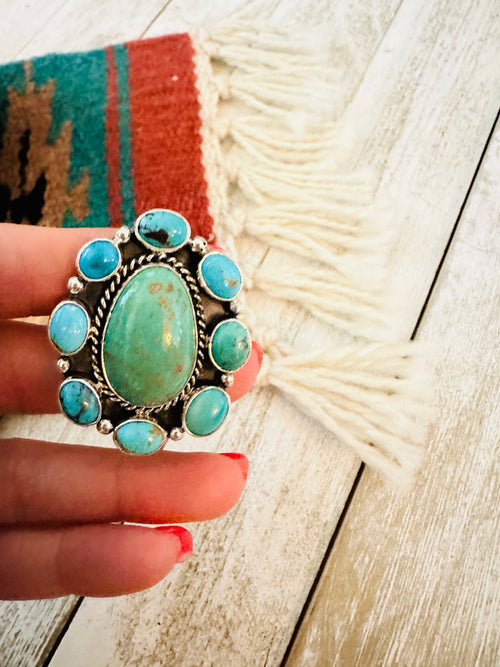 Navajo Sterling Silver & Turquoise Cluster Adjustable Ring