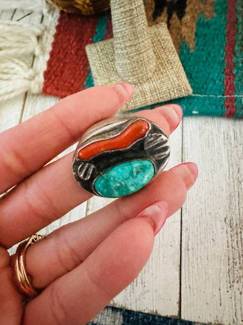 Old Pawn Navajo Sterling Silver, Turquoise & Coral Ring Size 11.75