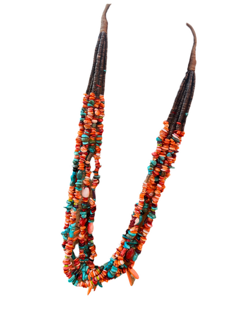 Gorgeous Navajo Made Six Strand Spiny Oyster and Turquoise Beaded Squaw Wrap Necklace with Spiny Oyster Tabs