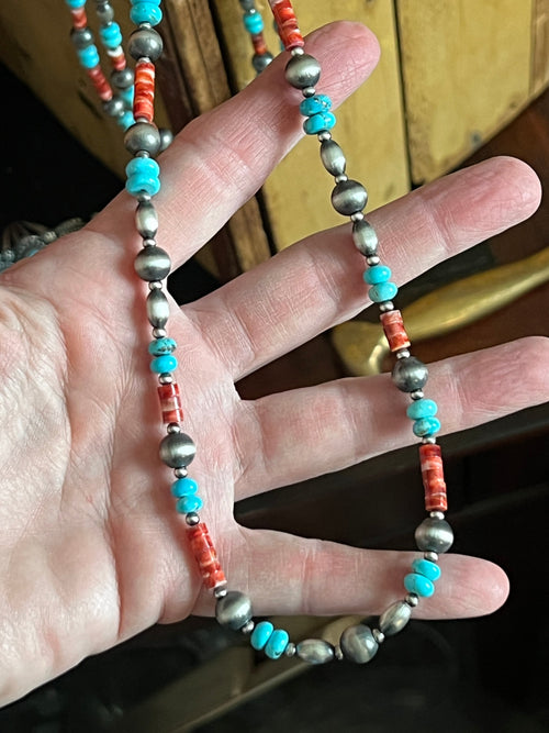 Bohemian Bliss Beaded Layering Necklace with Sterling Silver, Spiny Oyster Shell and Turquoise, 24” + 1.5”