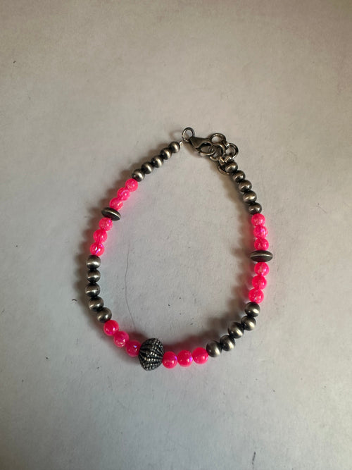 Handmade Pink Fire Opal & Sterling Silver Beaded Bracelet