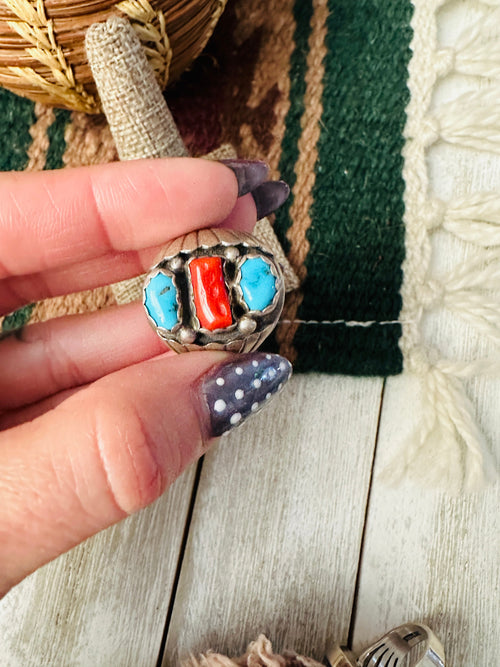 Old Pawn Handcrafted Turquoise, Coral & Sterling Silver Ring Size 8.5