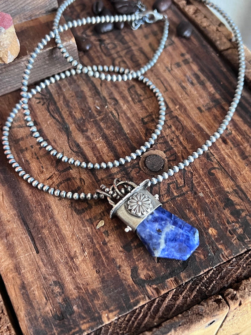 Sterling Silver Gem Collector 30” + 2” Beaded Necklace w/ Sodalite & Daisy Pendant