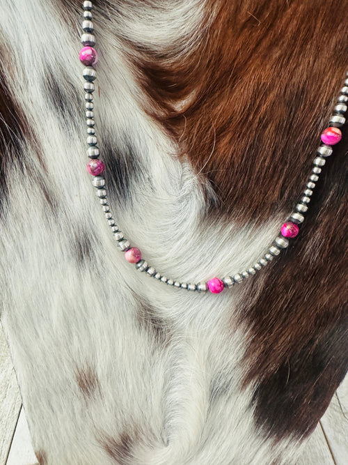 Navajo Sterling Silver & Pink Mojave 18” Beaded Necklace