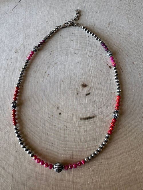 Handmade Navajo Pearl Style Sterling Silver, Red & Pink Fire Opal Beaded Necklace